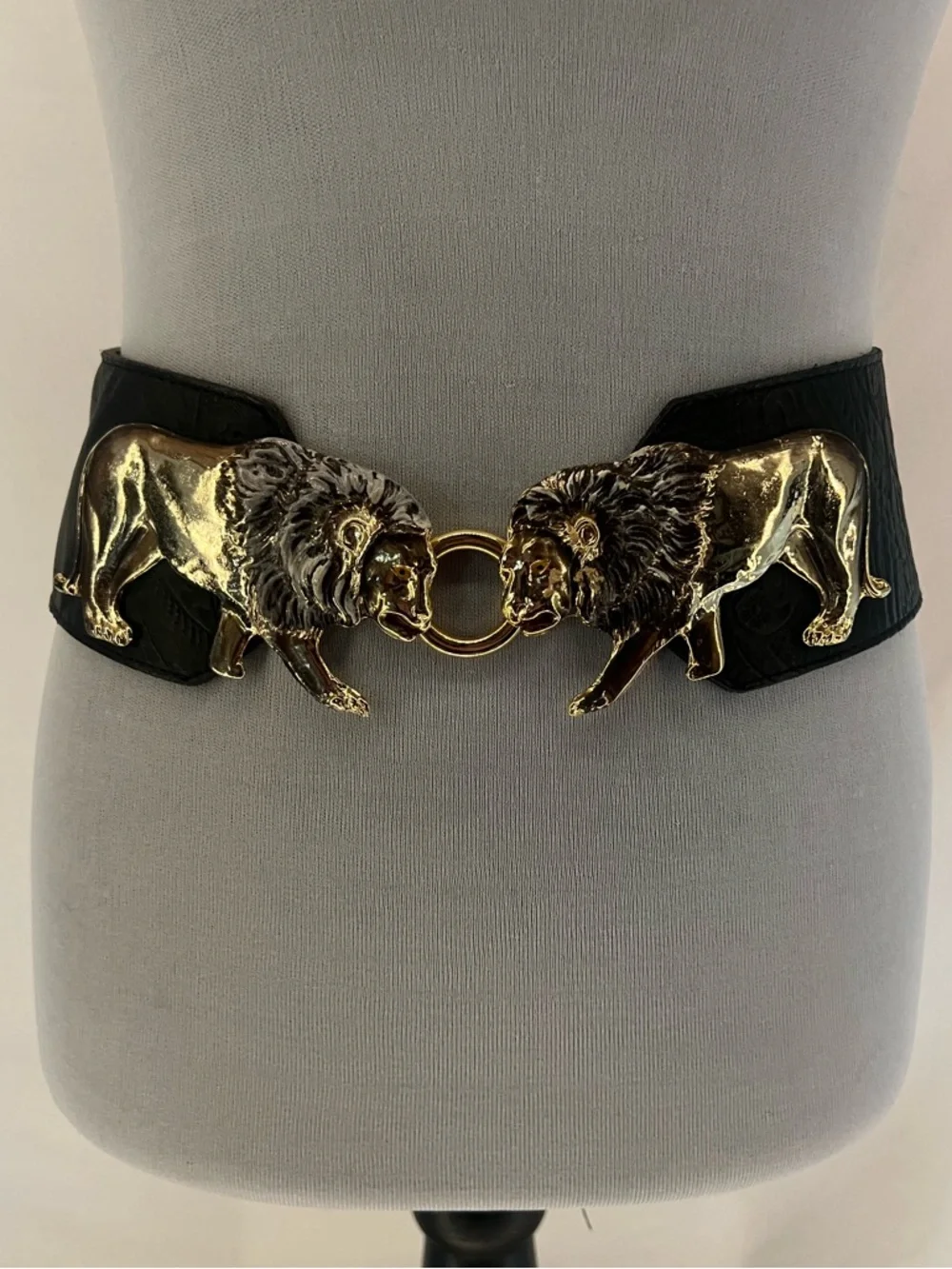 Vintage Gold Tone Double Lion Buckle Wide Black Leather Waist Belt